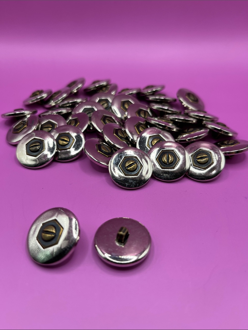 Vintage Silver Metal Shank Buttons with Brass Accent - Lot